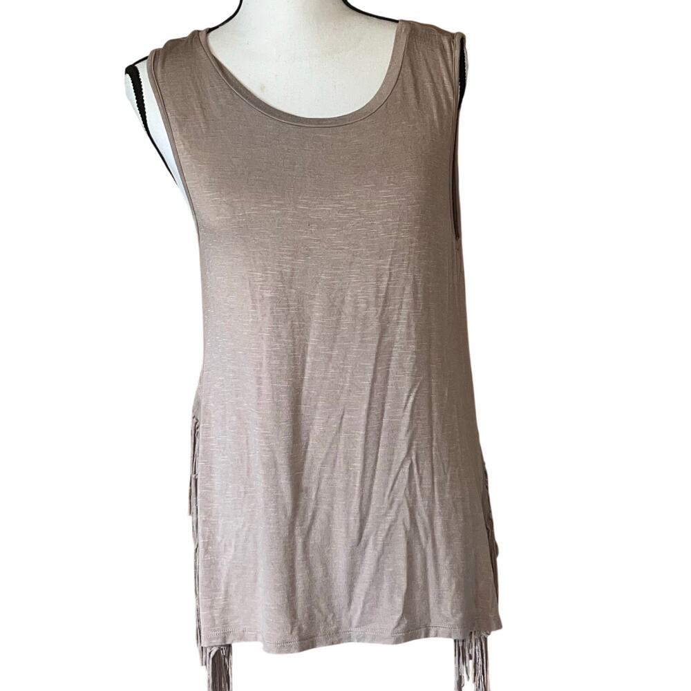 5/$25 Jodifel Fringe Side Sleeveless Tunic Tank Beige Boho Festival Size Small